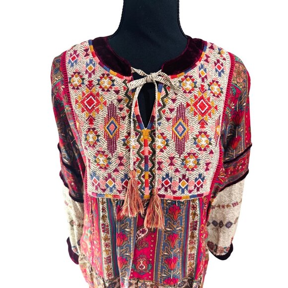 John Mark Boho Multicolor Floral Patchwork Blouse S Velvet Accents L/S Tassel - Picture 4 of 10